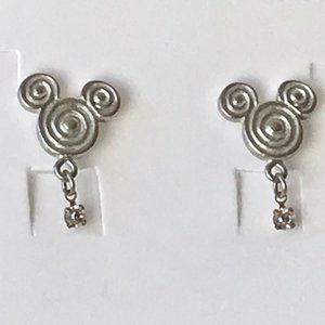 Vintage Disney Mickey Mouse Earrings Ears Icon Swirl Crystal Silver Disneyana